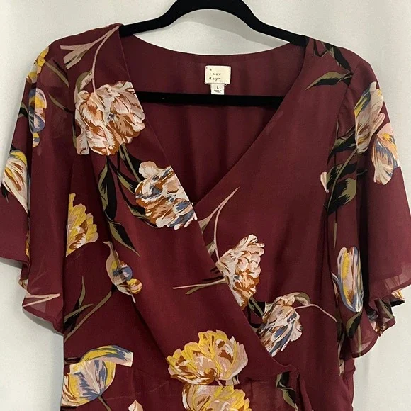 A New Day Womens Burgundy Floral Wrap High-Low Ruffle Midi Dress Large L Garden - Picture 10 of 16